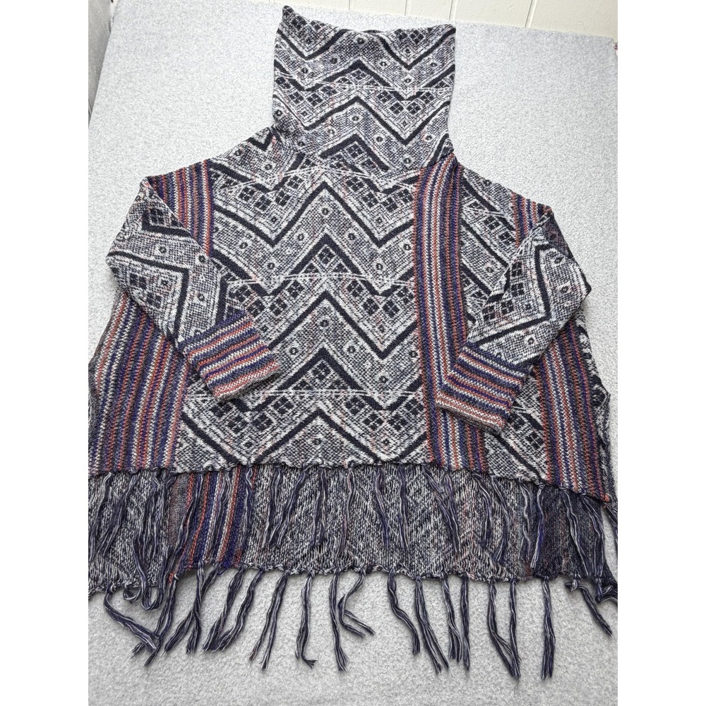 Free People Be The One Poncho Sweater Womens L Blue Cowl Neck Fringe OB454203 - Picture 6 of 16